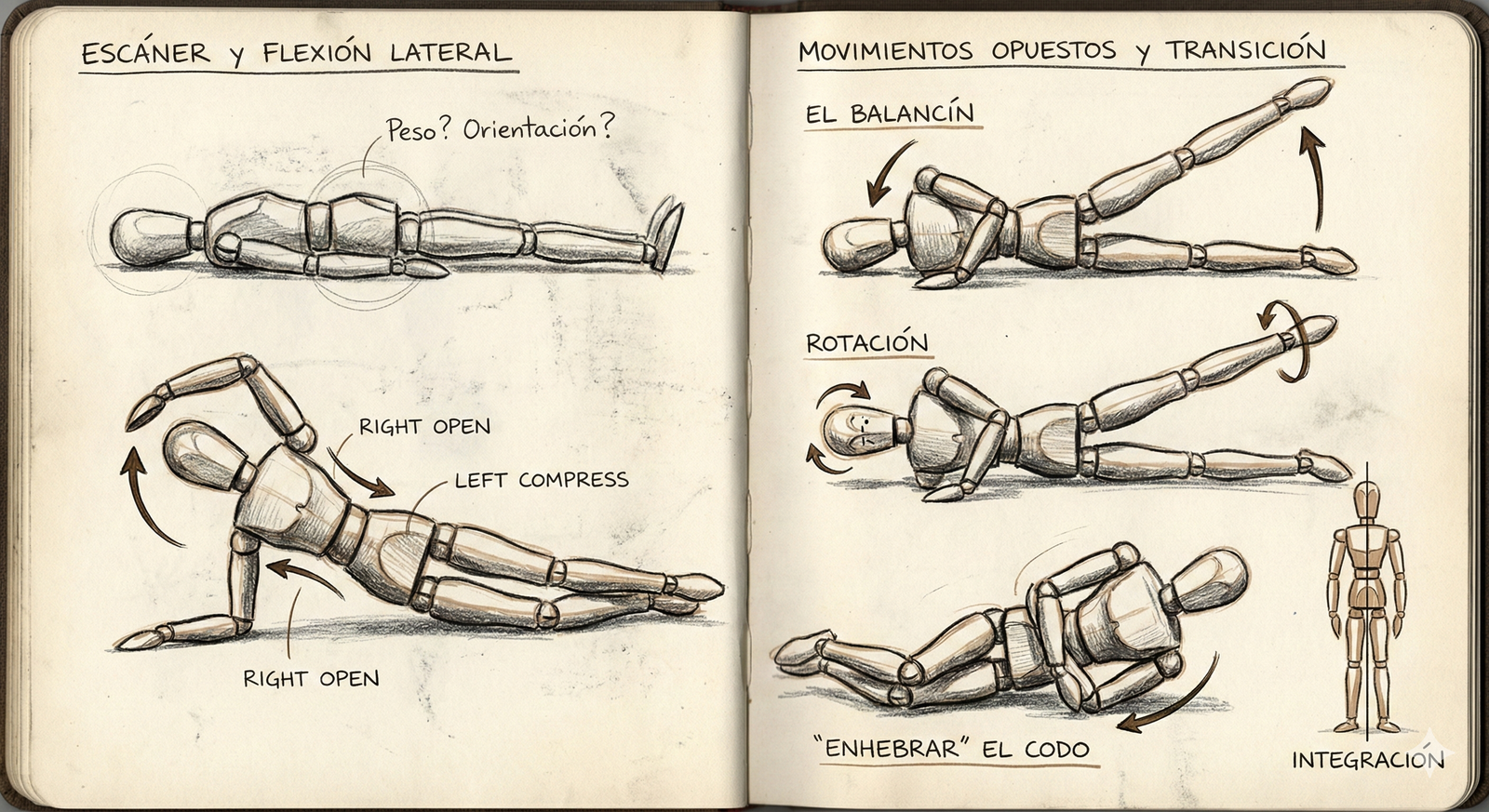 Ilustración de movimientos Feldenkrais: escáner, flexión lateral, balancín, rotación e integración