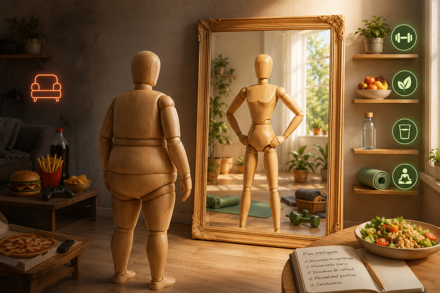 Las cuatro fases del programa: del cuerpo de partida al reflejo más liviano — los hábitos que dejas atrás y los que cultivas.